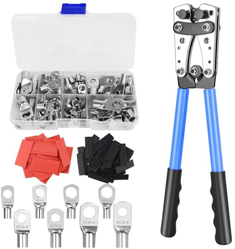 Pinza Crimpatrice, Pinza capicorda AWG 10-0, 6/10/16/25/35/50 mm²Crimpatrice Capicorda con pinze da taglio con 80 PCS terminali ad anello in rame(8 diverse dimensioni) + 80 PCS tubo termorestringente
