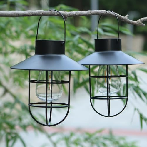 Solarlaterne für Außen 2er Set, Retro Garten Laterne Solar Hängend IP44 | Edison LED Warmweiß | Auto Ein/Aus Dämmerungssensor | Schwarz Wetterfest