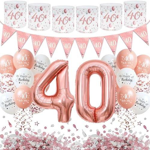 Tasoraor Deko 40 Geburtstag Frau Rosegold - 40. Geburtstagsdeko Luftballons Konfetti und Windlicht Tischdeko, XXL Zahlenballon Wimpel für 40 Jahre Geburtstagsparty Dekoration