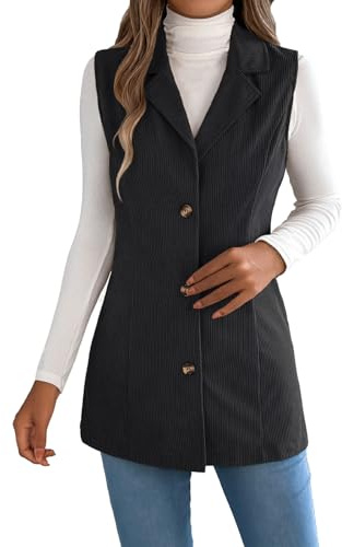 Generisch Gilet lungo da donna in velluto a coste doppiopetto con risvolti, elegante gilet termico con tasche, elegante blazer vintage, O nero., M
