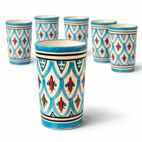 Lot de 6 verres en céramique marocaine peints à la main artisanaux orientaux pour thé à la menthe et au café – Décoration maison ethnique style berbère h.11 cm Ø7 cm – Design géométrique traditionnel