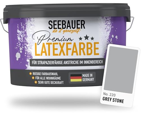 SEEBAUER diy Latexfarbe Grau für Innen 5L (No. 220 Grey Stone) - Seidenmatte Innenfarbe für Putz, Beton & Mauerwerk - Abwaschbare Wandfarbe für Küche & Bad