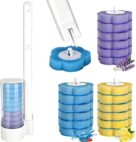 Cepillo de baño desechable con 18 Pastillas de detergente incorporadas, Esponja y Barra para el Inodoro, Cabezal Flexible, Juego con Soporte y Mango para la Limpieza del baño, Lavabo y bañera