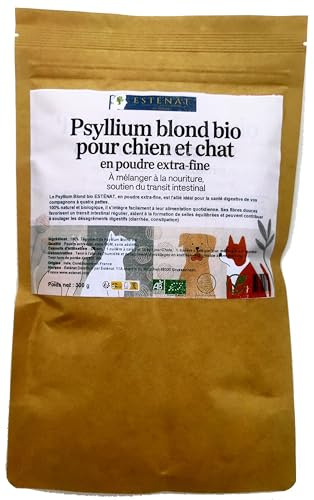 Psyllium Blond Bio en Poudre Extra-Fine 300G pour Chiens et Chats, 100% Naturel, Transit Intestinal, Constipation à mélanger à la Nourriture - Esténat