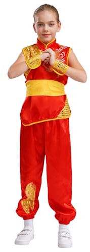 Kaerm Kids Boys Girls Chinese Kung Fu Costumes Martial Arts Uniforms for Halloween Kung Fu Master Cosplay Red 7-8 Years