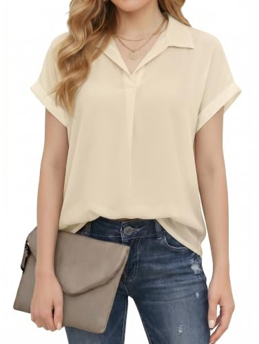 Enmain Blusa Mujer Manga Corta Verano Camisa Mujer Cuello V Chiffon Elegante Camiseta Trabajo Oficina Casual Camisas Color Sólido Tops con Solapa