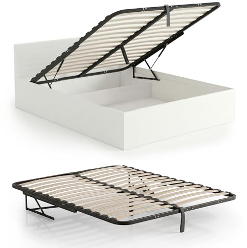 AKORD Metall-Lattenrost 140x200 cm mit Gasdruckfeder Hebemechanismus, 28 Holz-Leisten, Geteilter Bettrahmen bis 200kg belastbar, Schwarz