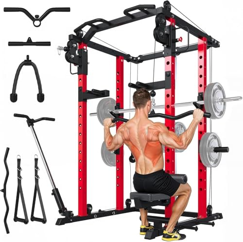 YODOLLA Power Cage 907 kg, Power Rack mit Bankdrück-Funktion | Latzug & Doppel-Kabelzug für Zuhause, All-in-One Kraftstation für Home Gym & Garage