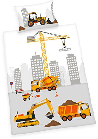 Herding BABY BEST Kleinkinder-Bettwäsche-Set, Jana Baustelle Wendemotiv, Bettbezug 100x135cm, Kopfkissenbezug 40x60cm, Flanell/Biber