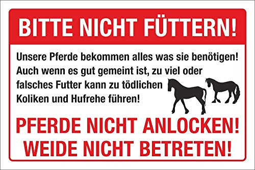 Schild Achtung Pferde Nicht füttern Kolikgefahr Hufrehe 300 x 200 mm | 3 mm Alu-Verbund, wetterfester UV-Direktdruck, robust und langlebig, Made in Germany