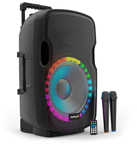 Audibax Denver 15 Malibu - Haut-Parleur Active 15 - Puissance 250W - Enceinte Amplifié - Connexion USB/SD - Haut-Parleur Bluetooth - Comprend 2 Microphones Filaires + Télécommande - Illumination LED
