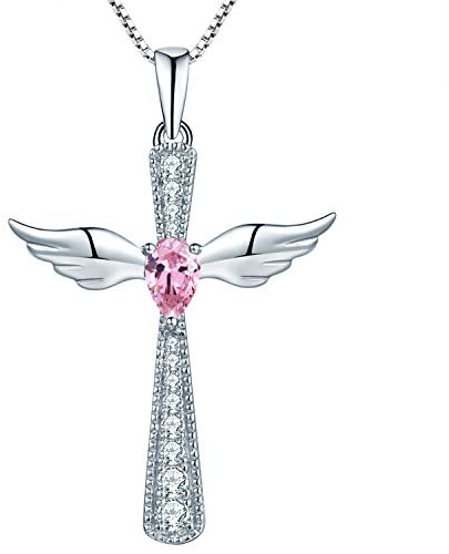 YL Cross Angel Wing Necklace 925 Sterling Silver October Birthstone Pink Cubic Zirconia Guardian Angel Pendant Necklace for Women