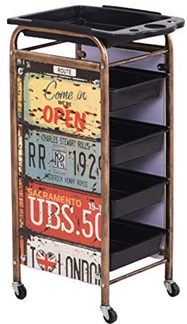 Friseur Färbung Retro Wagen Rollen Salon Wagen Multifunktion oben Lager Tablett Haar Styling Schubladen Haartrocknerhalter zum Barbier Schönheit Instrumente Tätowierung Werkzeuge Möbel,C,5 Tier