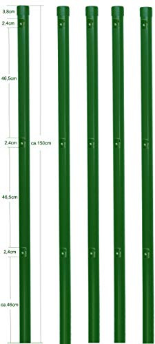 EXCOLO 5er-Set Metall-Zaunpfosten Ø34 mm, 1,5 m, pulverbeschichtet moosgrün RAL 6005, inkl. 3 Spanndrahthalter & Pfostenkappe, zum Einbetonieren – für Maschendrahtzäune bis 1 m Höhe
