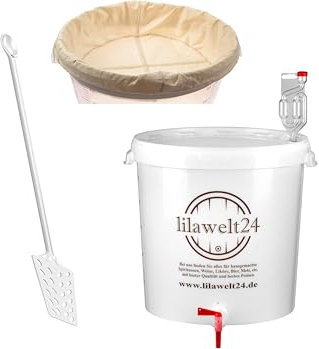 lilawelt24 Gärbehälter Set 30L Gäreimer+ Gärrohr+ Hahn+Stopfen+ Filterbeutel+ Maischelöffel Gäreimer Gärfass