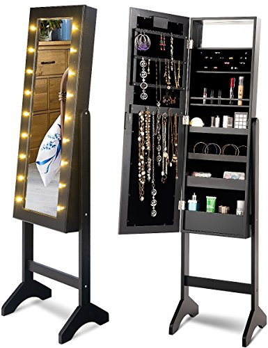 RELAX4LIFE Schmuckschrank 18 LEDs, Schmuckregal mit Ganzkörperspiegel & Eingebautem Spiegel, Spiegelschrank neigbar, Standspiegel für Ringe & Ohrringe & Ketten & Lippenstifte & Kosmetika (Schwarz)