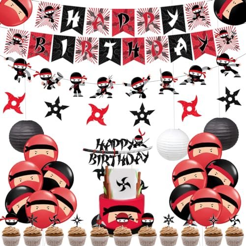 Ninja-Geburtstagsparty-Dekoration, rot und schwarz, Krieger-Motto-Partyzubehör für Jungen mit Ninja-Aufklebern, Happy Birthday Banner Kuchenaufsatz und Papierlaternen