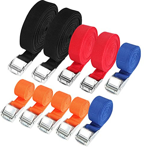 Hodzeed 10 Pack Tightening Luggage Ratchet Straps with Claw Buckle - 25mm Cargo Tie Down Straps From 1m to 6m, 250 Kg Load (Orange Blue Red Black, 1M 2M 4M 6M)
