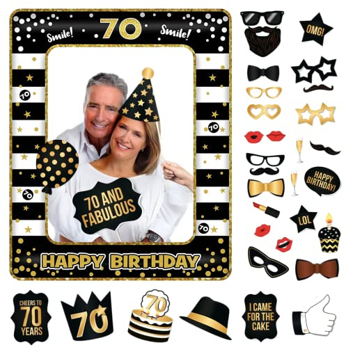 70th Foto Requisiten und aufblasbarer Rahmen,34 Stücke Fotobox Accessoires Fotokabine für 70.Geburtstagsfeier,Party Foto Booth Props Mix von Kappen,Weinglas,Lippen Stift,Krawatte,Kronen und mehr