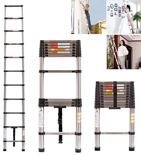 3.2M Telescoping Ladder Stainless Steel One-Button Retraction Extension System Folding Lightweight Ladder,for RV, Loft, Attic, Home for Indoor and Outdoor Use, 330lb Load Capacity