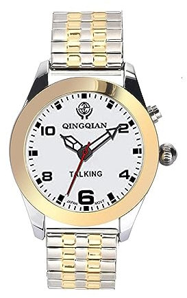 QINGQIAN English Voice Talking Watch for Blind,Visually impaired or Elderly,Gold and Silver Shell, Gold and Silver Stainless Steel Strap,Men's Clothing Size