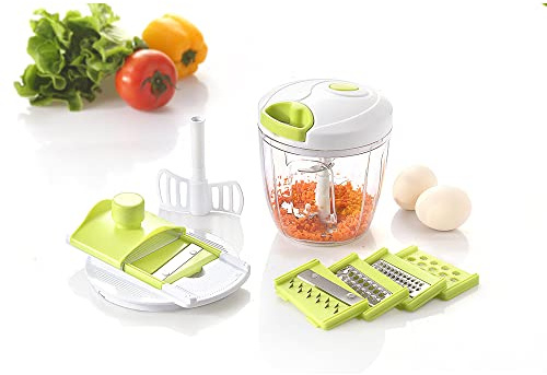 Wehouseware® Cortador de verduras y frutas, 5 cuchillas desmontables, Recipiente de plástico PP de 900ml,Picadora Manual de Alimentos, Picadora Manual con Cuerda