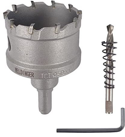 WELDINGER Lochsäge Hartmetall 50 mm für Stahl Edelstahl NE-Metall Guss mit Zentrierbohrer Auswurffeder Montageschlüssel (Bohrkrone)