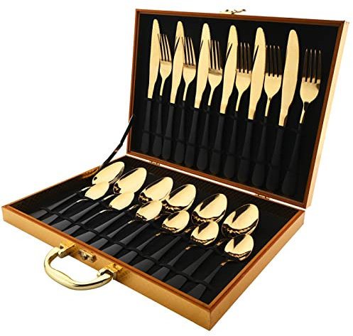Couverts Ensembles Vaisselle En Acier Inoxydable 24 Pièces Couteau Fourchette Cuillère À Café Couverts De Table Coffret Cadeau Noir Et Or