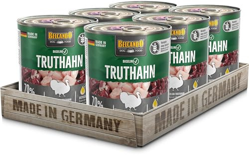 BELCANDO Baseline Nassfutter für Hunde, Truthahn, 6X 800g Dose, 70% Fleisch für ausgewachsene Hunde, Hundefutter nass ohne Getreide, Made in Germany