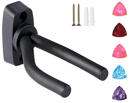 Vinabo Support Mural pour Guitare, avec 5 Médiators et Crochet de Suspension Inclus, Taille Ajustable, Convient également pour Banjo, Basse, Ukulélé et Mandoline Noir