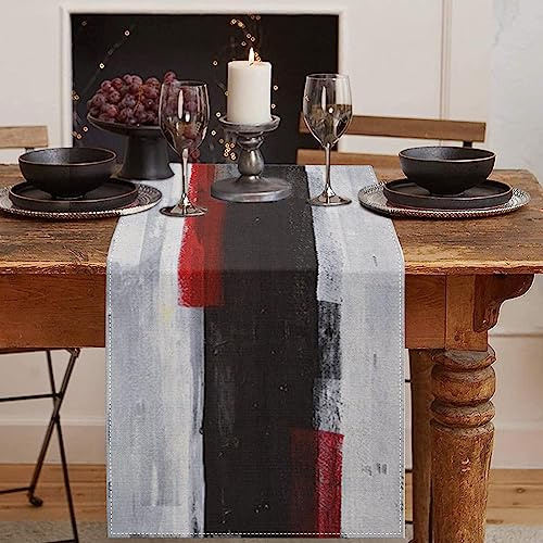 Emvency Schwarz-weißer Tischläufer, modernes grau-rotes Kunstgemälde für Küche, Couchtisch, Familienessen, Urlaub, Partys, Hochzeiten, Veranstaltungen, Dekoration (33 x 183 cm)