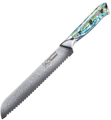 Tsume Brotmesser Abalone, Klingenlänge 19cm, Echtes Damast Küchenmesser mit Perlmuttplatten, 67 Schichten VG10 Edelstahlkern mit Kunstharz Handgriff, Rasiermesserscharf