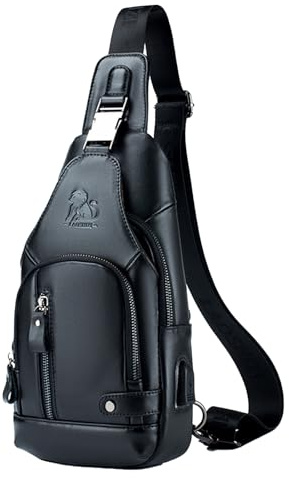 Pundarika Äkta Läder Slingväska för Män, Liten Bröstväska, Crossbody, Stöldskydd, Justerbar Axelrem, Svart