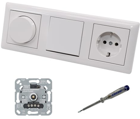EBROM SET IDEE: GIRA 245500 LED Drehdimmer + Lichtschalter + Steckdose | Dimmer + Zentralscheibe 065003 + Lichtschalter 010600 + Steckdose 418803 System55 reinweiß + EBROM Phasenprüfer z. Montage