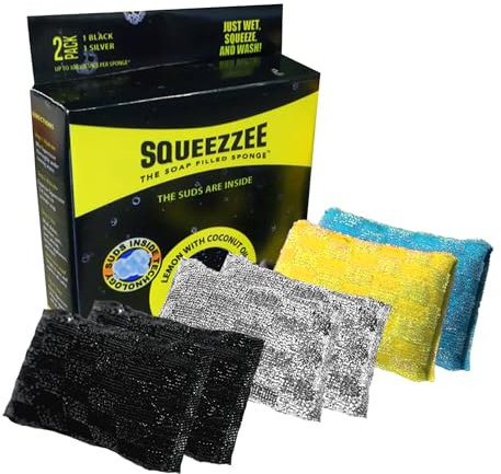 Squeezzee Soap Filled Scrubber Sponges - Non Scratch Scrubbing Sponge with Built-In Dishwashing Liquid Dish Soap - Double Sided Kitchen & Household Cleaning Scrubbers - Up to 300 Washes Per Sponge - 6
