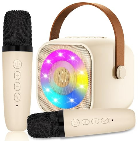 Karaoke Enfant avec 2 Microphones, Microphone Karaoké sans Fil, Haut-Parleur Bluetooth avec Micro, Jouet de Machine Karaoké avec LED Lumière pour Enfant Adulte Fille Cadeau Chanter