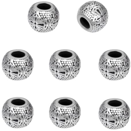 UNICRAFTALE 8 pz 304 perline Europee Tonde In Acciaio Inossidabile Argento Antico Rondelle con Croce Perline Distanziatrici con Foro Grande Cordone Da Paracadute per Bracciali Barba Capelli 13.5 mm