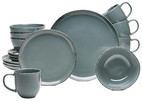 Van Well | Service combiné Urban 16 pièces gris pour 4 personnes au design moderne en grès avec bols à céréales, tasses à café, assiettes à dessert et assiettes plates