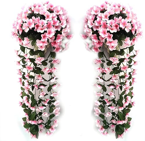 2 Pcs Artificial Hanging Baskets Outdoor with Flowers Hanging Baskets with Flowers for Garden Wall Fence Wedding Balcony Outdoor Inside Door Decoration,Pink