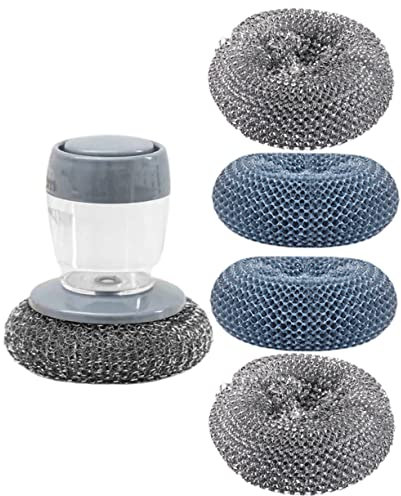 PLAFOPE Soap Dispensing Palm Pot Cleaning Brush Steel Wool and Pet Scrubbers, Kitchen Decontamination Dish Wash Brush Set for Household Use