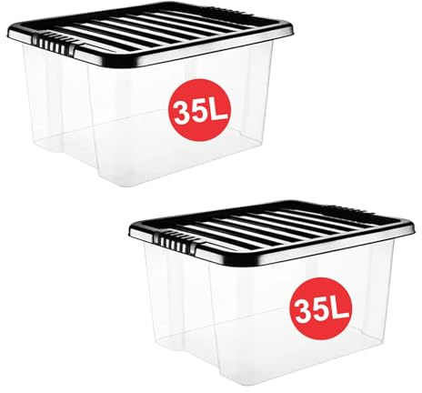 RelianceUK 35L Large Plastic Storage Boxes with Lids (35 Litre / 2 Pack) Stackable Box with Black Lids, Clear Multipurpose Containers for Home, Office, Kitchen and Garage