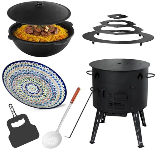 4BIG.fun Utschak Uchag Ø44 Uchag Kazan Wok Éventail à mousse Louche à ragoût Four de camping Assiette orientale Anneaux adaptateurs KaËan Plaque de cuisson Cheminée Cuisine extérieure Barbecue