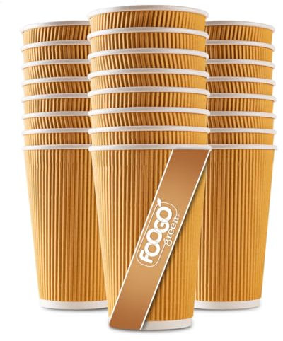 FOOGO Green 50pcs 16oz Disposable Strong Triple-Wall Brown Paper Coffee Cups, FSC® Certified, Fully Compostable, for Hot Drinks, Heat-Resistant Ripple Design, Takeaway Coffee Cups, Party
