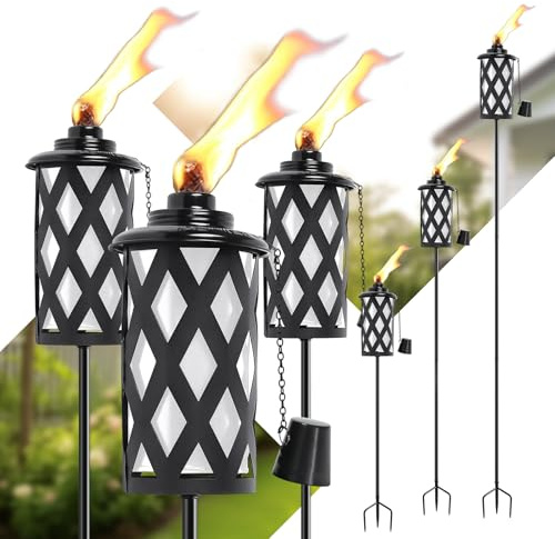 SNOGSWOG Citronella Fackeln für den Außenbereich, 6 Stück, Weiß, 453.6 g Outdoor Gartenfackeln mit 3 Zinken Erdspieß, 59 Zoll Metallfackel für Gartendekoration, Außenfackeln für Hinterhof, Garten