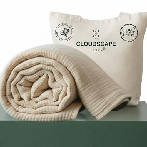CLOUDSCAPE 100% Cotton Muslin Blanket King Size for Bed - Oversized 4 Layer 108x92 Fits Upto Cal King Bed - Soft Breathable, Gauze, Lightweight, All Season, Summer Layering Blankets for Adults - Fog