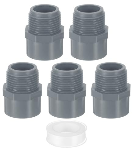 sourcing map PVC Male Adapter Pipe Fitting, 5Pcs 1 2-Way PVC Pipe Connectors with Sealant Tape (Socket x Male Thread), Hose Adapter Coupling for Plumbing Water Line (Grey)