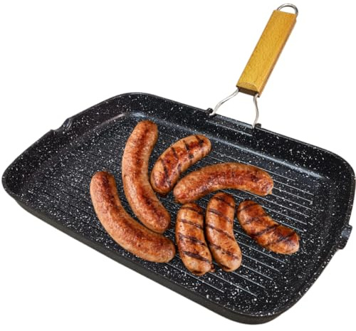 Sunrise - Bistecchiera Antiaderente Alluminio, Padelle Grill Anti Aderente, Adatta alla Lavastoviglie, Antiaderente 36 x 24 cm, Manico Pieghevole Salvaspazio, Bordo a Versare (Fondo Normale)