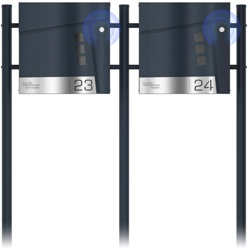 Graviers Design Funk 2er Standbriefkasten mit Zeitungsfach in Anthrazit RAL 7016 - Sichtfenster Briefkasten personalisiert Edelstahl Namensschild Hausnummer - Postkasten mit Schloss