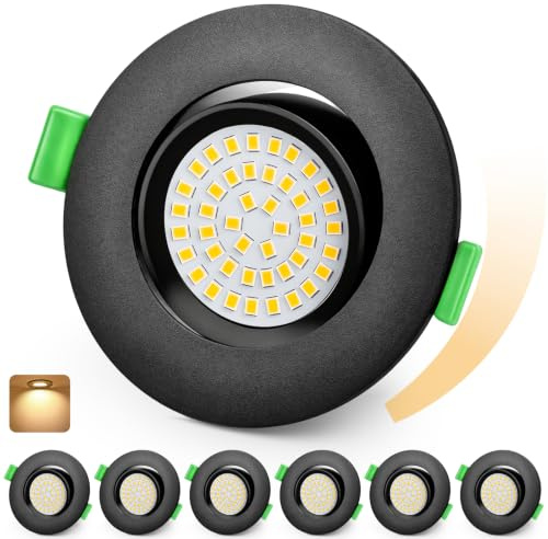KYOTECH LED Einbaustrahler 230V Dimmbar 68-80mm IP44 Schwenkbar 6er Set | Schwarz Ultra Flach LED Spots, 5W Bad Einbauleuchten Deckenspots, Warmweiß 2700K Einbauspots für Badezimmer Wohnzimmer