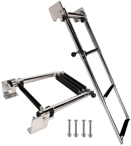 Marine 316 Stainless Steel Telescoping Folding Transom Ladder, 4 Steps with Self-Lock Transom Mount Brackets